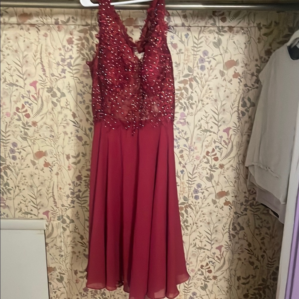 JJs House Burgundy Pleated A-line Cocktail Dress